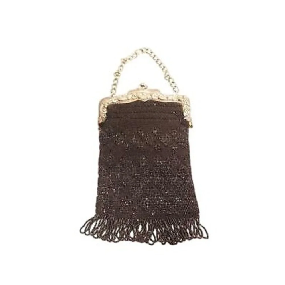ANTIQUE ART NOUVEAU‎ FLORAL FRENCH STEEL? BLACK MICRO BEAD CHATELAINE PURSE